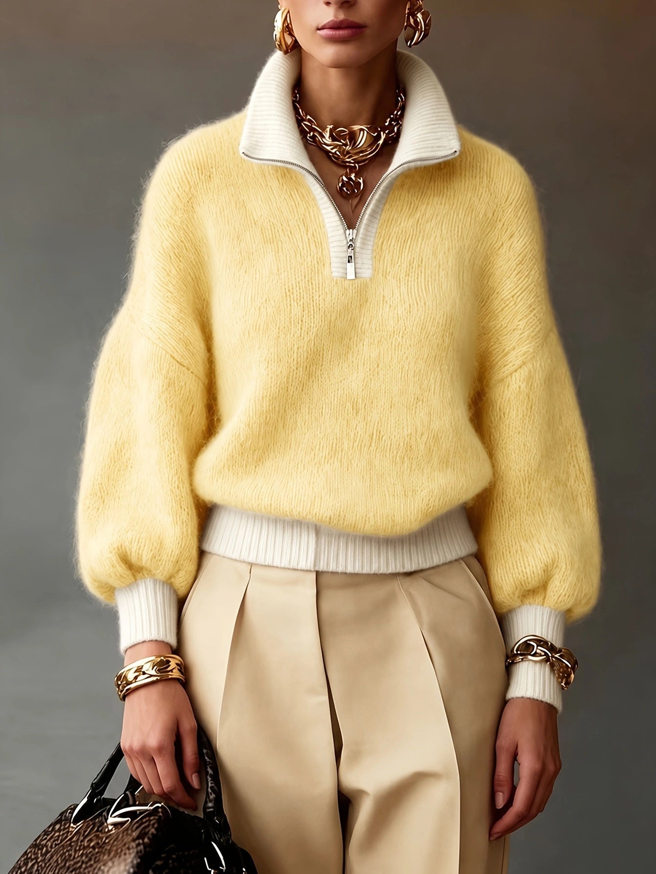 Chic Lavender Contrast-Trim Half-Zip Sweater