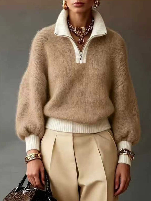 Chic Lavender Contrast-Trim Half-Zip Sweater